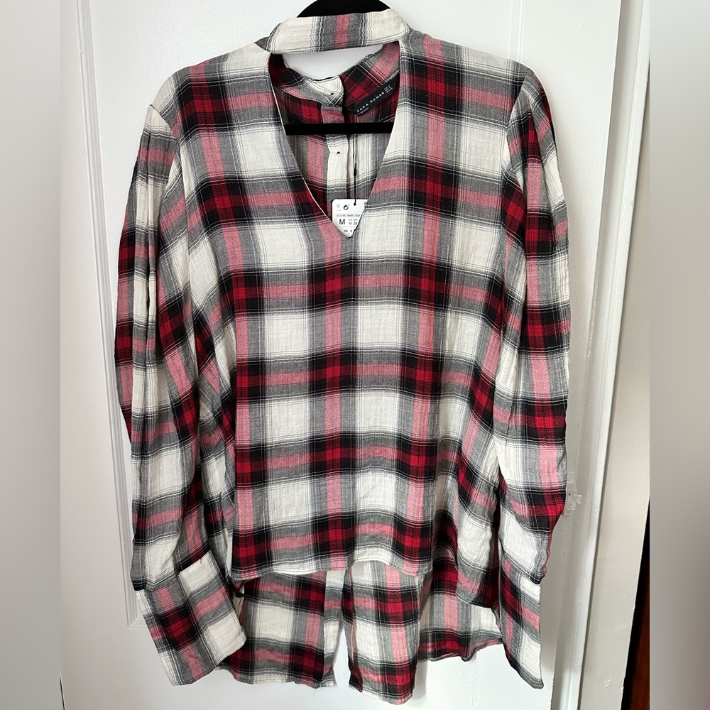 Zara Women Lightweight Plaid Highlow Blouse